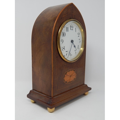 237 - Edwardian Mahogany Lancet Clock with white enamel dial. The case inlaid with shell decoration & sitt... 