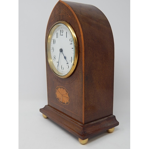 237 - Edwardian Mahogany Lancet Clock with white enamel dial. The case inlaid with shell decoration & sitt... 