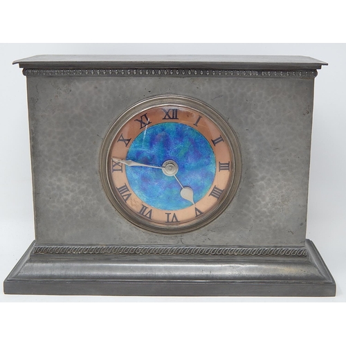 246 - Archibald Knox for Liberty & Co Pewter Mantel Clock with Blue/Green Enamelled Dial & Copper Chapter ... 