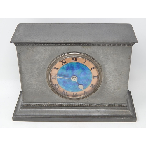 246 - Archibald Knox for Liberty & Co Pewter Mantel Clock with Blue/Green Enamelled Dial & Copper Chapter ... 