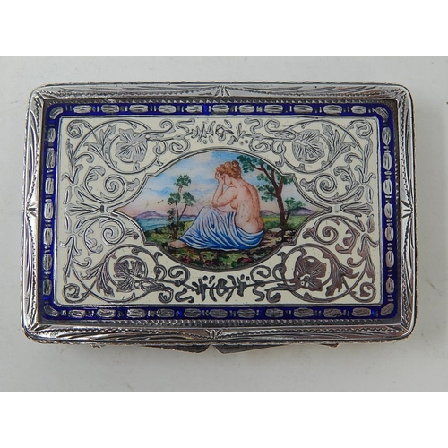 151 - Austro Hungarian Silver rectangular box, the hinged enamel cover with a semi-clad woman in a landsca... 