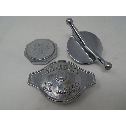 801 - MOTORING INTEREST: Three Mid Century Chrome Radiator Caps Including: Singer Le Mans.