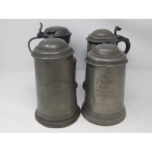 802 - Four 19th century Pewter Lidded Tankards, Two for Marlborough College 1876/1877. Three Glass Bottome... 