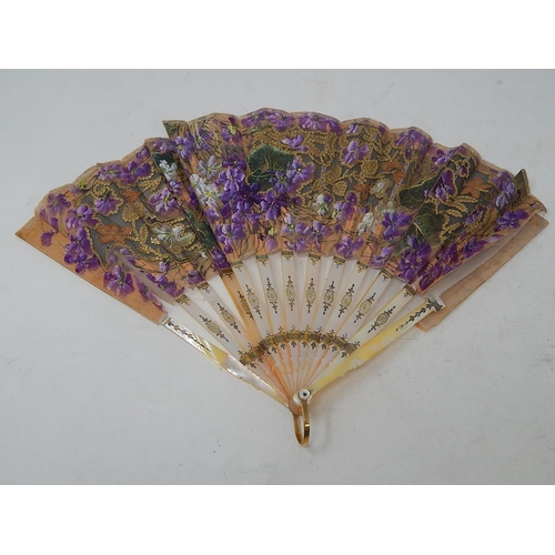 806 - 19th Century Lace & Silk Fan with Mother of Pearl Inlaid Sticks. A/F in fitted case