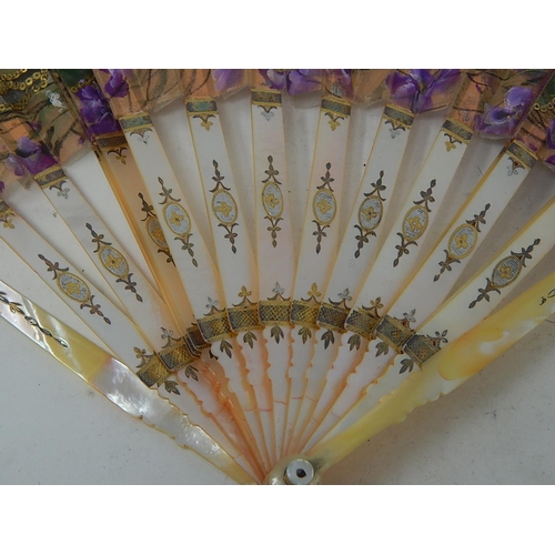 806 - 19th Century Lace & Silk Fan with Mother of Pearl Inlaid Sticks. A/F in fitted case