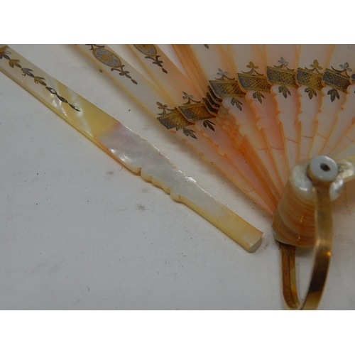 806 - 19th Century Lace & Silk Fan with Mother of Pearl Inlaid Sticks. A/F in fitted case