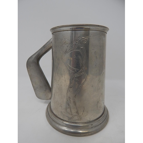 807 - Glass bottomed 1 Pint Golf Tankard crafted from English Pewter, decorated twice with an engraved Gol... 