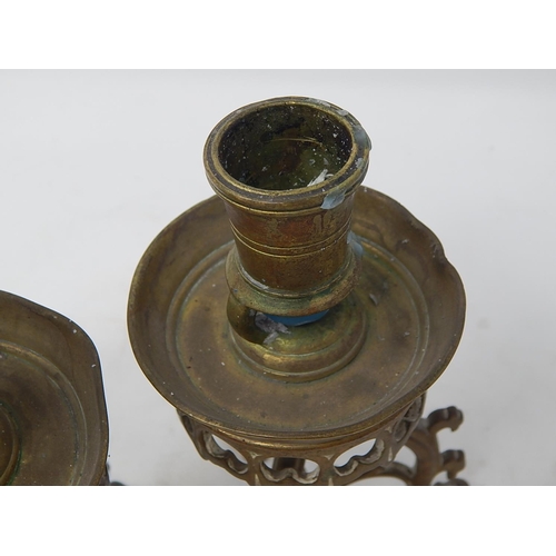 809 - Pair of Victorian Gothic Brass Candlesticks. Each Measure 17cm high.