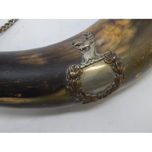 811 - Scottish White metal mounted horn with cartouche with stag final. Measures 30cm.