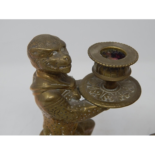 812 - Pair of Regency Brass Candlesticks fashioned as monkeys holding trays. The monkeys still with good d... 