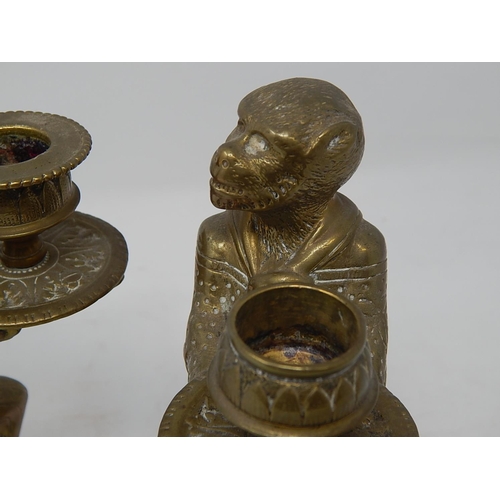 812 - Pair of Regency Brass Candlesticks fashioned as monkeys holding trays. The monkeys still with good d... 