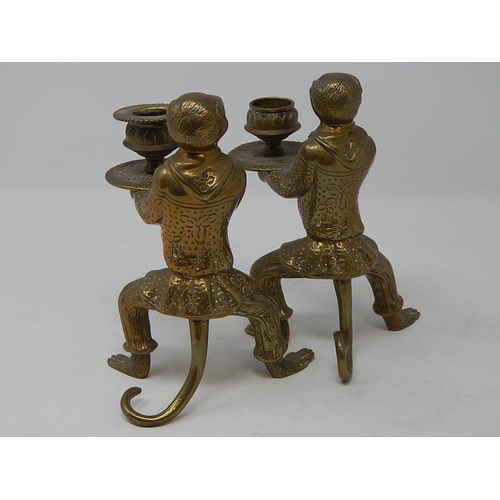 812 - Pair of Regency Brass Candlesticks fashioned as monkeys holding trays. The monkeys still with good d... 