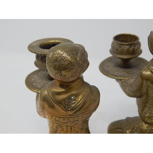 812 - Pair of Regency Brass Candlesticks fashioned as monkeys holding trays. The monkeys still with good d... 