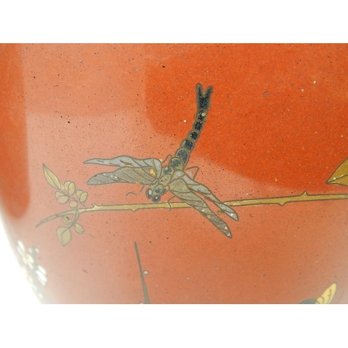 821 - Pair of 19th Century Cloisonné Ginger Jars. Red ground with Birds & Insects. Measuring 25cm High. A/... 