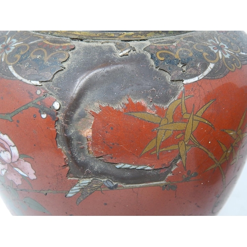 821 - Pair of 19th Century Cloisonné Ginger Jars. Red ground with Birds & Insects. Measuring 25cm High. A/... 