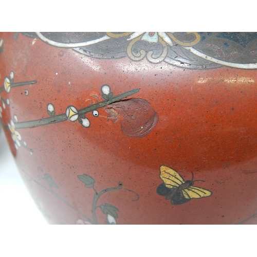 821 - Pair of 19th Century Cloisonné Ginger Jars. Red ground with Birds & Insects. Measuring 25cm High. A/... 