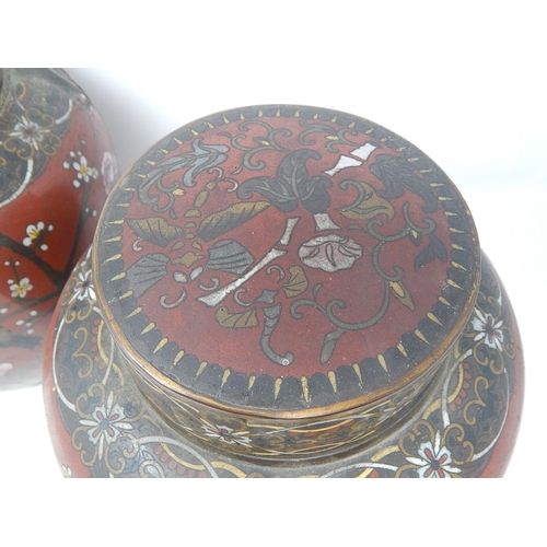 821 - Pair of 19th Century Cloisonné Ginger Jars. Red ground with Birds & Insects. Measuring 25cm High. A/... 