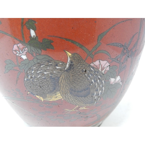 821 - Pair of 19th Century Cloisonné Ginger Jars. Red ground with Birds & Insects. Measuring 25cm High. A/... 