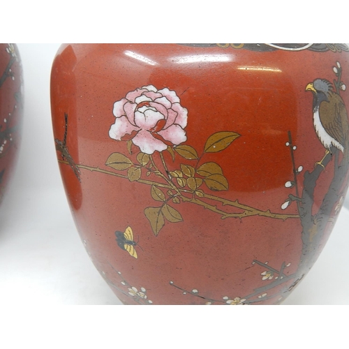 821 - Pair of 19th Century Cloisonné Ginger Jars. Red ground with Birds & Insects. Measuring 25cm High. A/... 