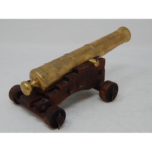 835 - 19th century Regimental Brass Desk Cannon on Wooden Carriage.