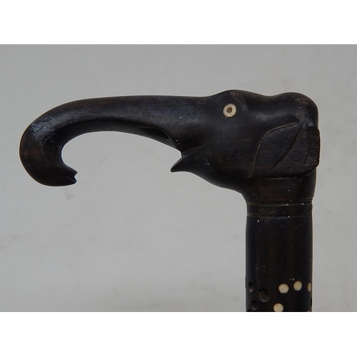 859 - Late 19th Century Indian Walking Stick. The Top Carved as an Elephants Head & Inlaid with Ivory.