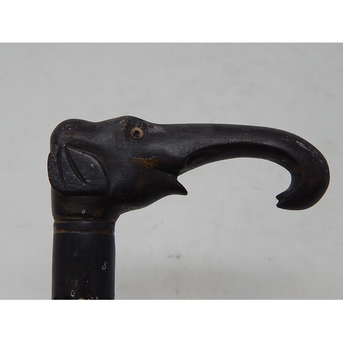 859 - Late 19th Century Indian Walking Stick. The Top Carved as an Elephants Head & Inlaid with Ivory.