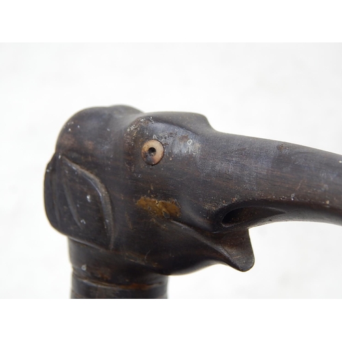 859 - Late 19th Century Indian Walking Stick. The Top Carved as an Elephants Head & Inlaid with Ivory.