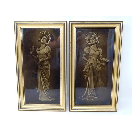 506 - A Pair of Late c19th Framed Tile of Ladies with a green glaze. Framed. 20cm high