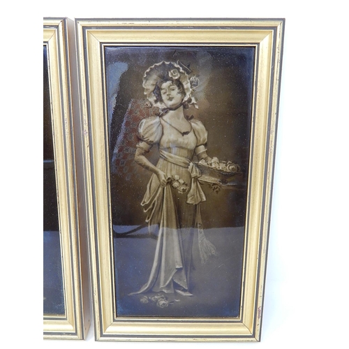 506 - A Pair of Late c19th Framed Tile of Ladies with a green glaze. Framed. 20cm high