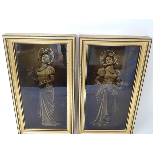 506 - A Pair of Late c19th Framed Tile of Ladies with a green glaze. Framed. 20cm high