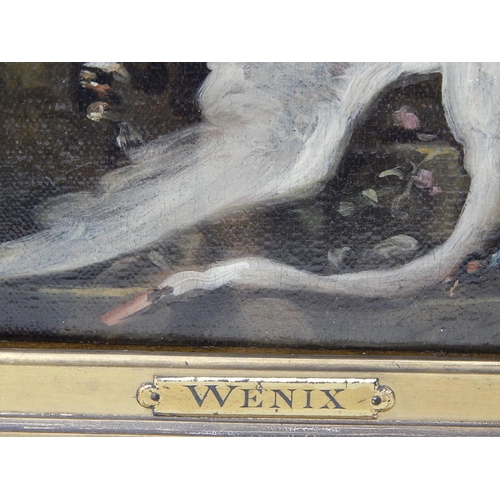 499 - (School of) JOANNIS WENIX 1640-1719 Amsterdam: Oil on Panel of a Dead Swan, Game & a Dog Within Gilt... 