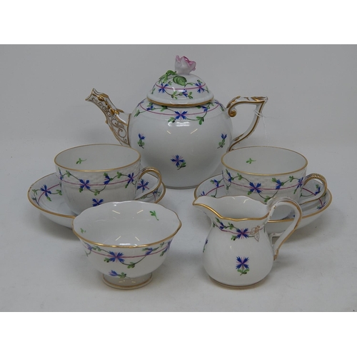 304 - Herend: Breakfast set: Teapot, Cream Jug, Sugar Bowl & 2 x Cups & Saucers