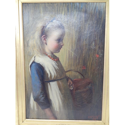 405 - ROBERT McGREGOR R.S.A 1847-1922: Oil Painting of a girl with covered basket walking through a field,... 