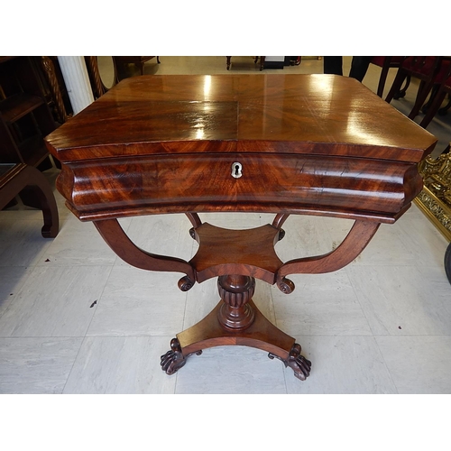 823 - Victorian Sewing Table with lift up top revealing a fully fitted interior with pincushion on lyre su... 