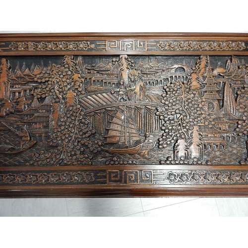 826 - Chinese Hardwood Table, The top & sides carved in deep relief with figural scenes. Measuring 106cm w... 