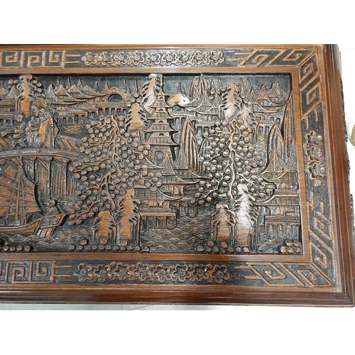 826 - Chinese Hardwood Table, The top & sides carved in deep relief with figural scenes. Measuring 106cm w... 