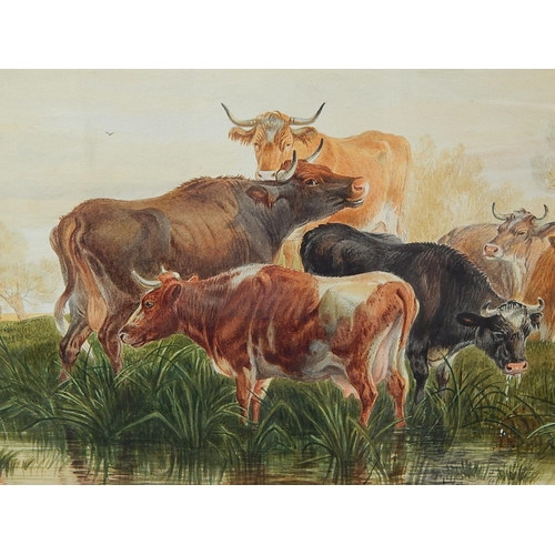 422 - THOMAS SIDNEY COOPER: 1803-1902: Oil on canvas of cattle at the river's edge. Measures 94cm x 72cm f... 