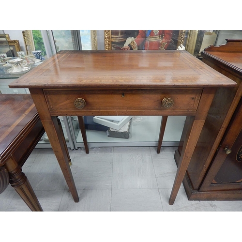 830 - Antique Inlaid Mahogany Table with single drawer & brass handles. Measures 78cm high x 69cm wide x 4... 