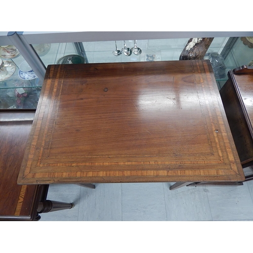 830 - Antique Inlaid Mahogany Table with single drawer & brass handles. Measures 78cm high x 69cm wide x 4... 