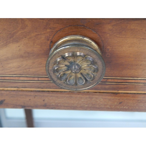 830 - Antique Inlaid Mahogany Table with single drawer & brass handles. Measures 78cm high x 69cm wide x 4... 