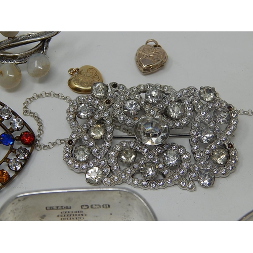 67 - 5 x Silver brooches, silver bangle, silver napkin ring & a collection of silver oddments & costume j... 