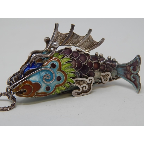 79 - Silver & Enamel Articulated Fish pendant on Silver Chain. Length 6cm