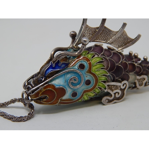 79 - Silver & Enamel Articulated Fish pendant on Silver Chain. Length 6cm