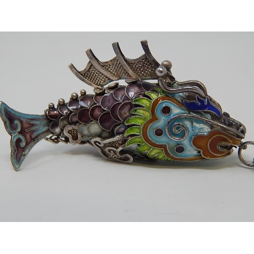 79 - Silver & Enamel Articulated Fish pendant on Silver Chain. Length 6cm