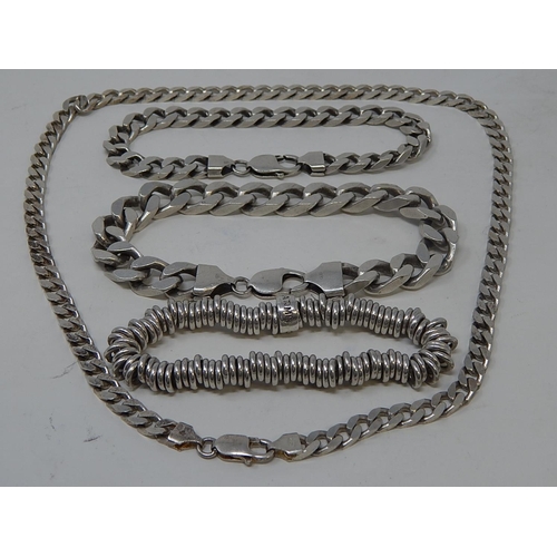 86 - Three Silver Bracelets together with a Silver Chain. 192g