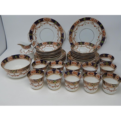 365 - Crown Derby Tea Set: 11 cups/12 saucers/side plates/2 cake plates/sugar bowl & cream jug