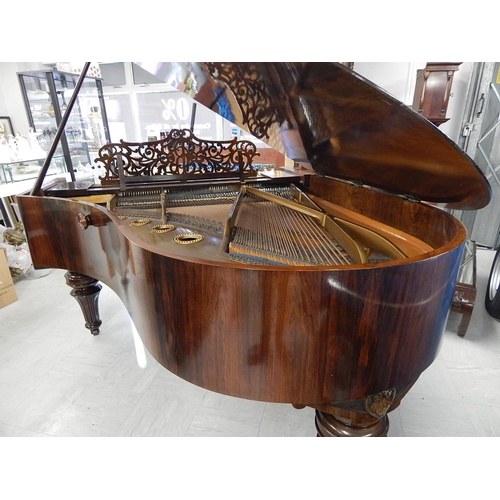 835 - RONISCH: Late 19th Century Ronisch Rosewood Grand Piano with Brass Adornments & Turned Bulbous Legs:... 