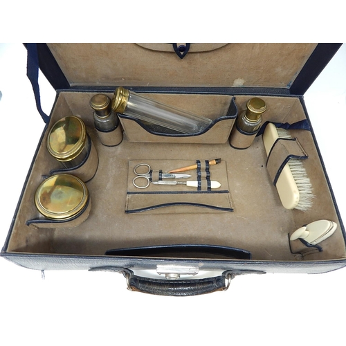 1 - Vanity Set Contained within Fitted Dark Blue Case comprising Five Gilded Topped Glass Jars, Mirror, ... 