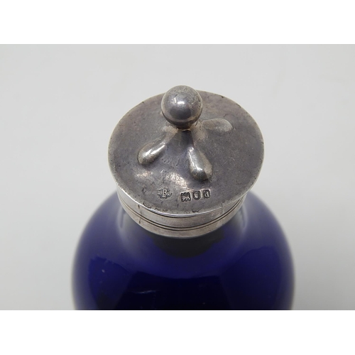 2 - Victorian Silver Topped Bristol Blue Glass Flask, Hallmarked London 1899: William Hutton: 14cm High