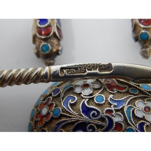 3 - Russian C19th Silver Cloisonné Enamel Set of 6 Spoons: 84 Standard: Date 1893: Makers/Assay Master M... 